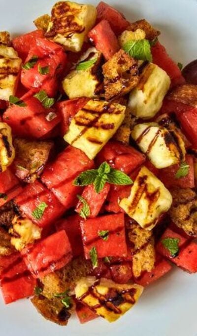 Grilled Halloumi Watermelon Salad with Sourdough Croutons