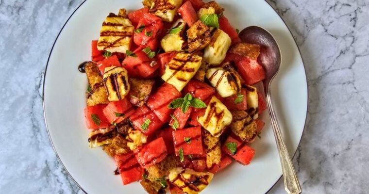 Grilled Halloumi Watermelon Salad with Sourdough Croutons