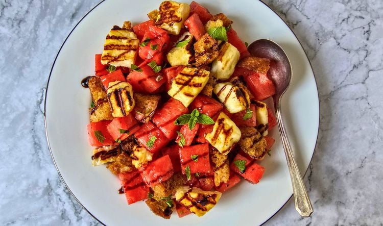 Grilled Halloumi Watermelon Salad with Sourdough Croutons