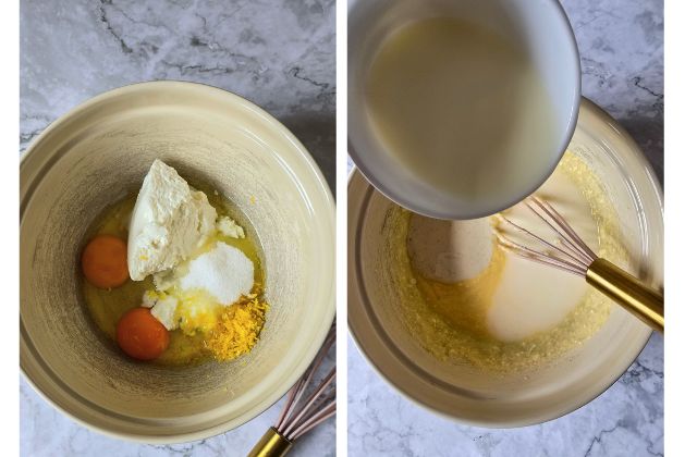 Whisking ricotta, eggs, sugar, and lemon zest in a bowl, then pouring milk and sourdough discard into the mixture