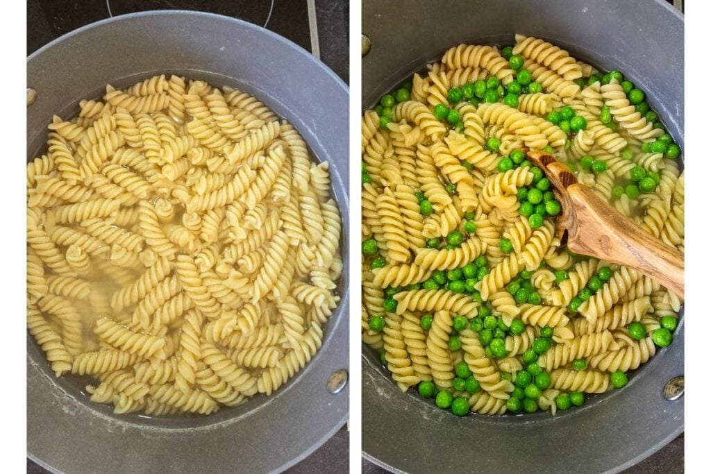 Fusilli pasta boiling in a pot, then with frozen peas added and stirred through with a wooden spoon
