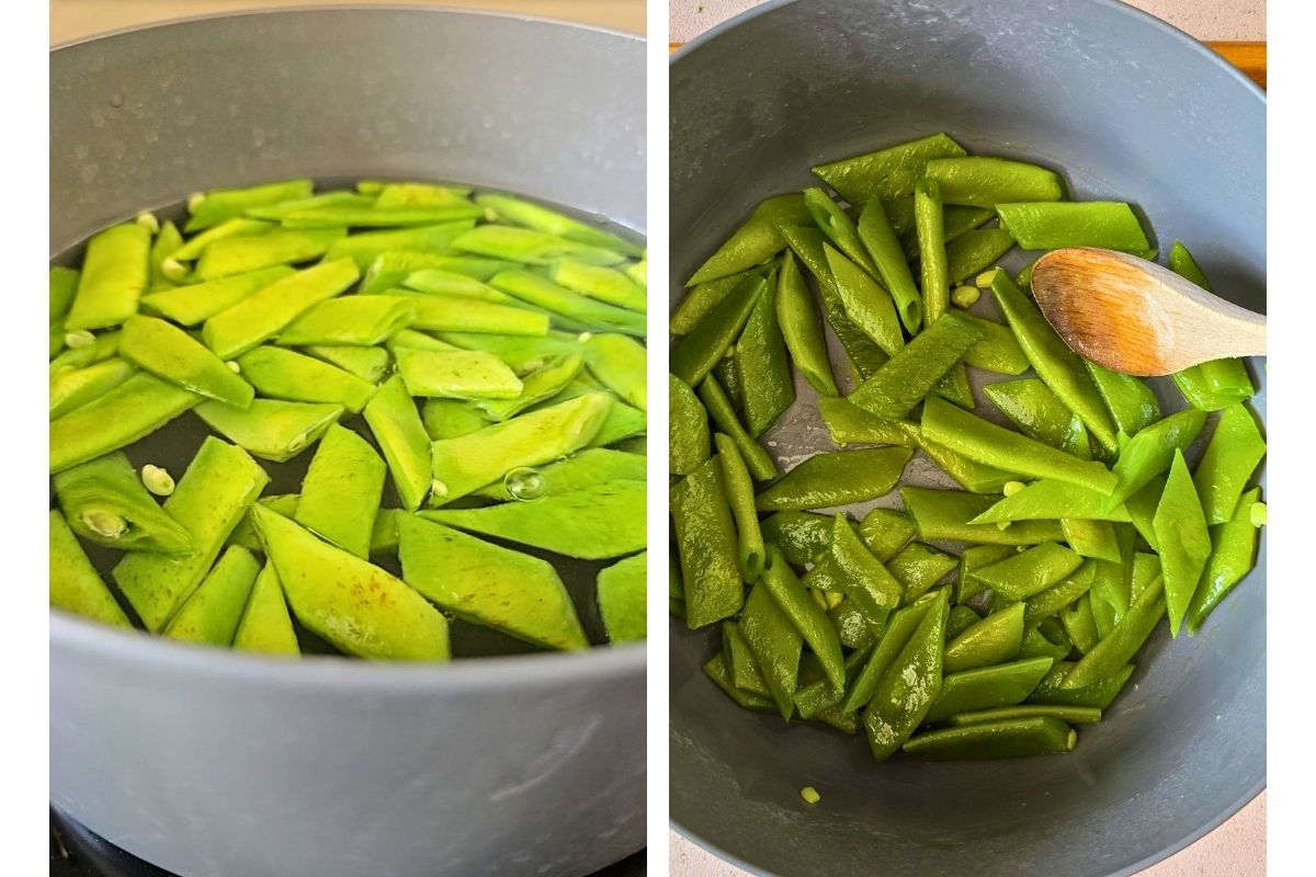 Runner beans boiling in a pan, then sautéing in olive oil