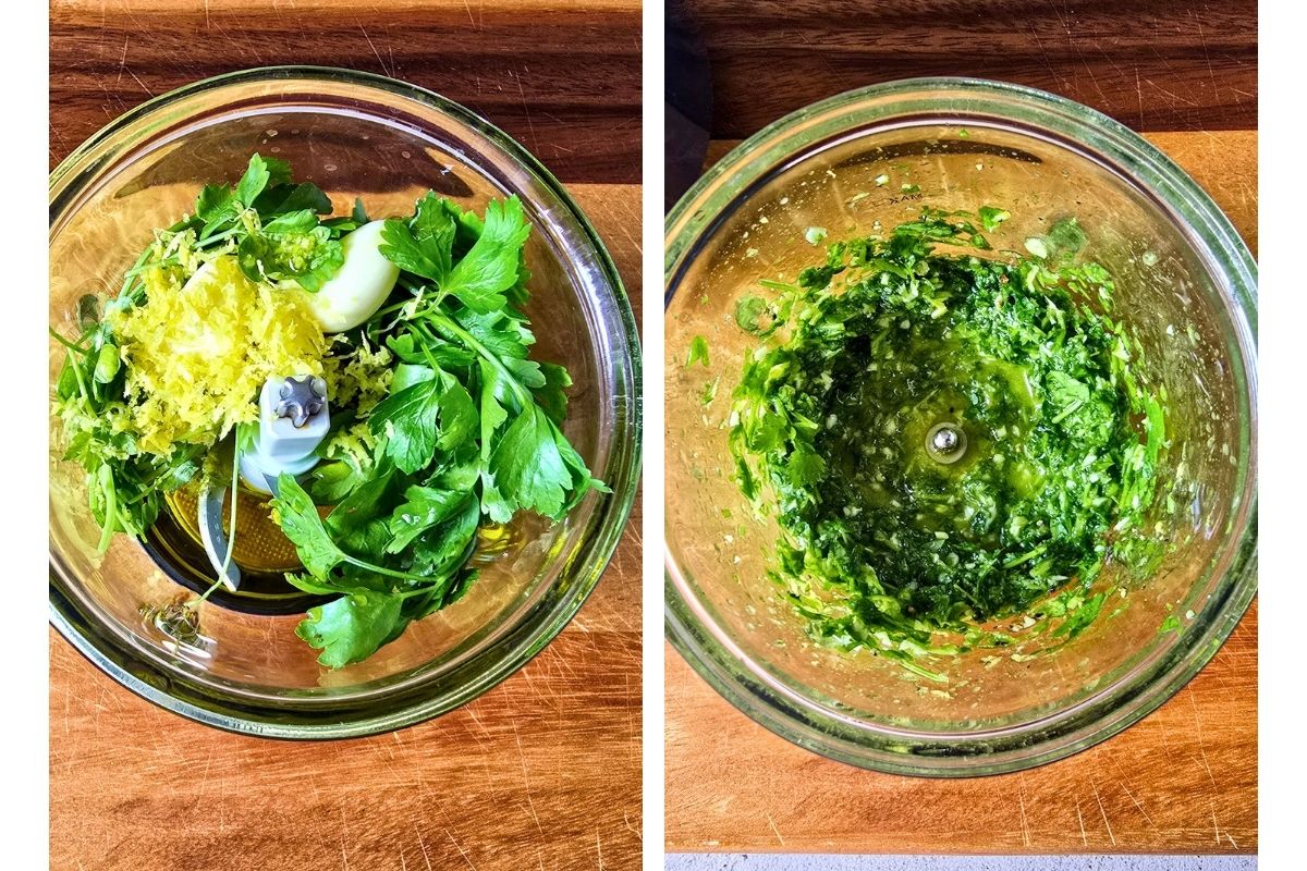 Making gremolata in a mini chopper: parsley, garlic, lemon zest, and olive oil before and after blitzing
