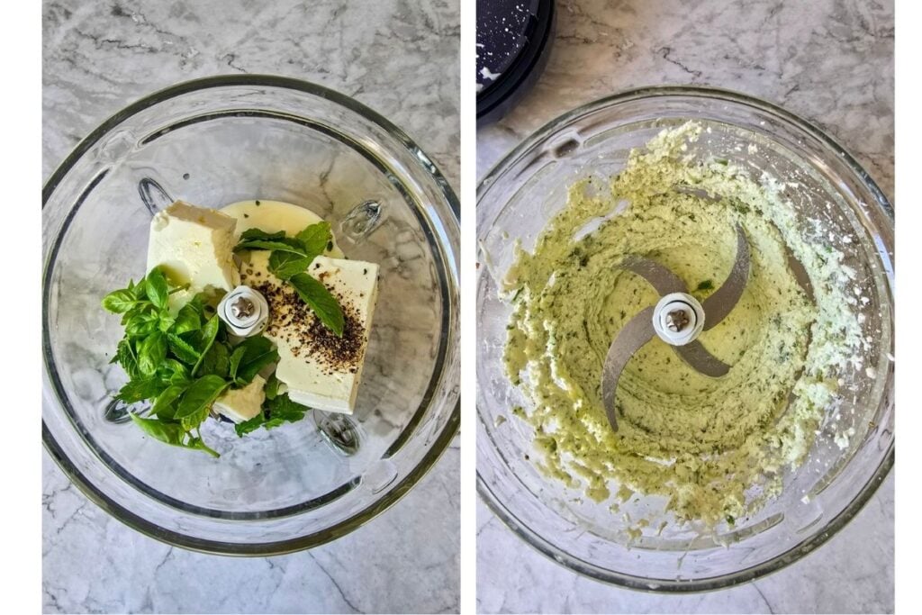 Feta, Greek yogurt, basil, mint, and black pepper in a food processor before and after whipping into a smooth sauce