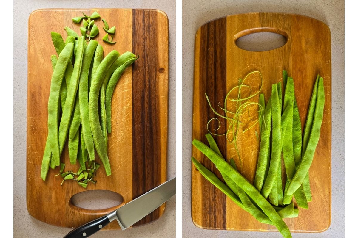 Preparing runner beans: trimming and stringing on a wooden chopping board