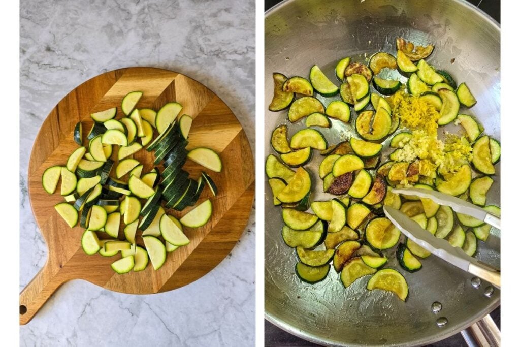 Sliced zucchini half-moons on a wooden board, then sautéed in a pan until golden with lemon zest and garlic added