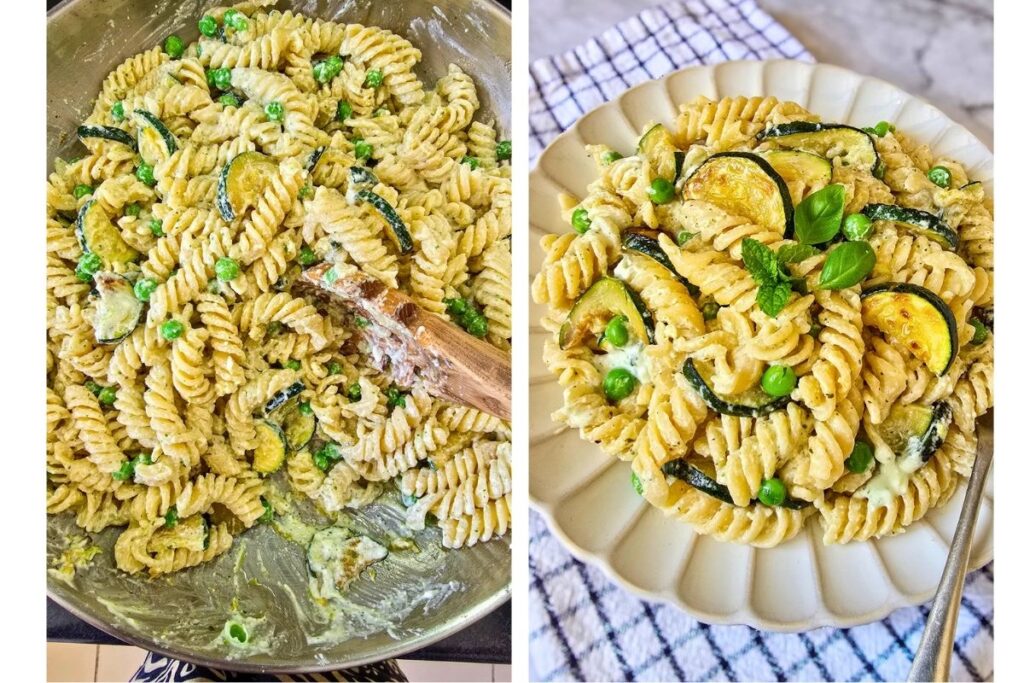 Creamy zucchini feta pasta tossed in the pan, then plated with fresh basil and mint