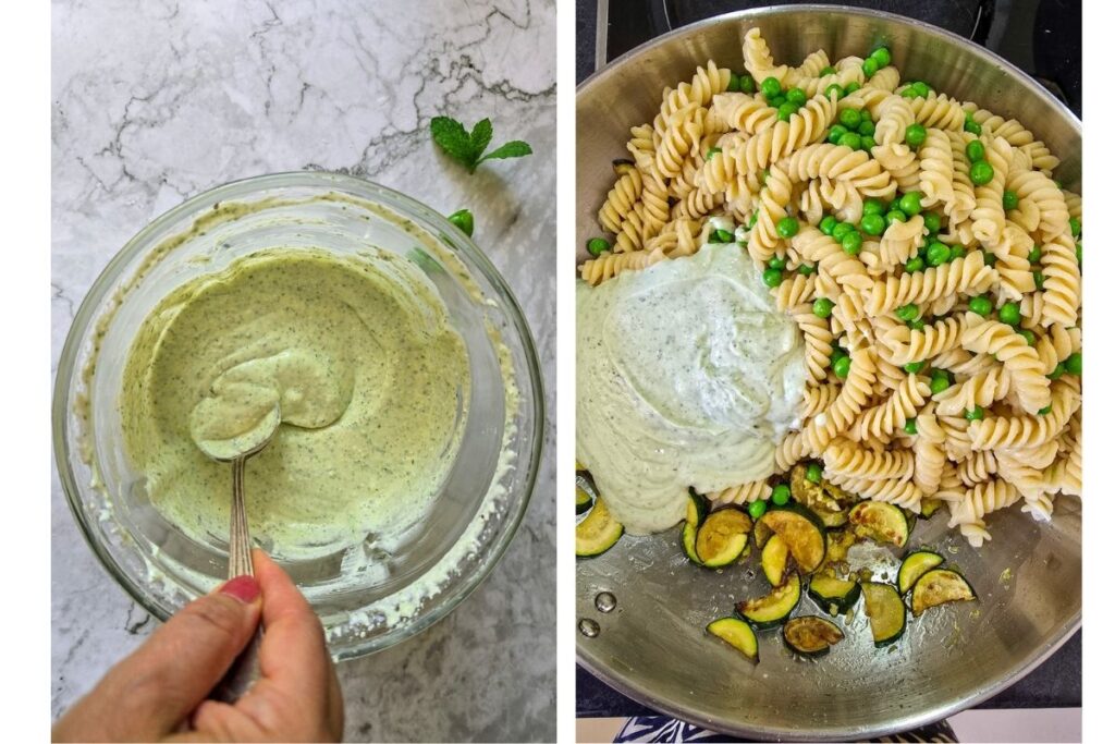 Whipped feta sauce in a glass bowl, then added to a pan of fusilli, peas, and sautéed zucchini