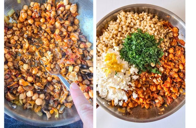 Side-by-side of mashed chickpeas and mushrooms in a pan, then combined with cooked barley, feta, herbs, and lemon zest.