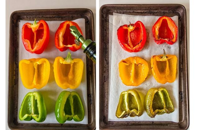 Side-by-side of pepper halves brushed with olive oil before roasting, and the same peppers roasted and softened after.