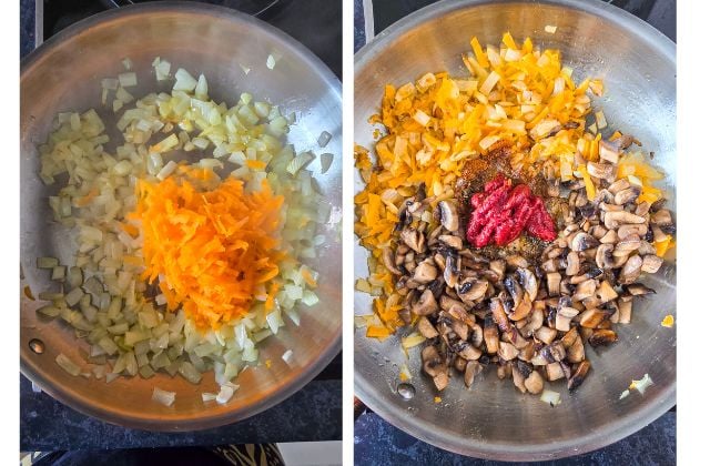 Side-by-side of diced onion and grated carrot sauteing in a pan, then combined with chopped mushrooms, tomato paste, and spices.
