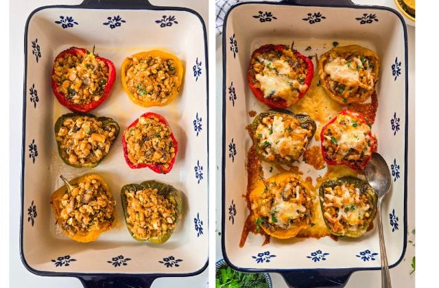 Side-by-side of peppers filled with barley mixture before baking, and the same peppers baked with melted cheese on top.