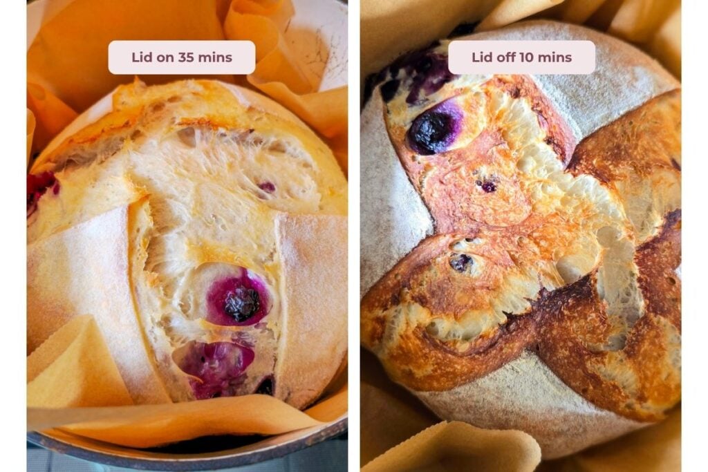 Two-step process shot labeled lid on for 35 minutes and lid off for 10 minutes, showing the loaf's crust color at each stage of baking.