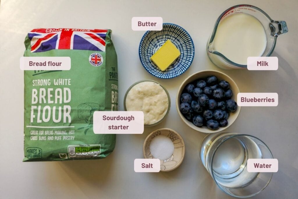 Ingredients for blueberry sourdough bread laid out and labeled, including bread flour, sourdough starter, milk, butter, blueberries, salt, and water.