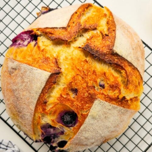 Whole blueberry sourdough bread boule scored with a cross, blueberries bursting through the crust, on a wire cooling rack with a bowl of fresh blueberries beside it.