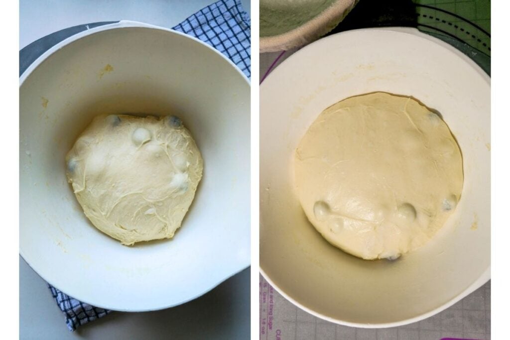 Two-step process shot comparing the dough just after folding to how it looks later in bulk fermentation, smoother and more relaxed in the bowl.
