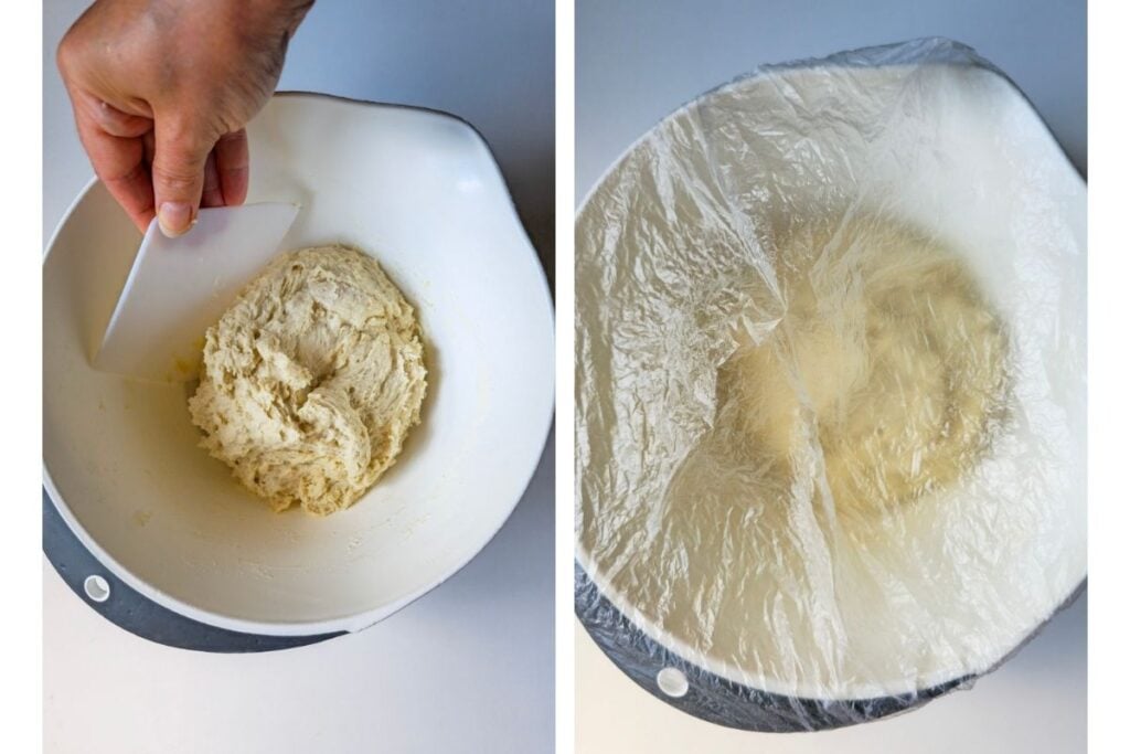 Two-step process shot showing the shaggy dough scraped together in a bowl, then covered with plastic wrap to begin bulk fermentation.