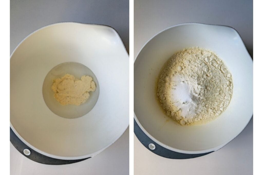 Two-step process shot showing the starter and water in a mixing bowl, then  tangzhong, bread flour and salt added on top before mixing.