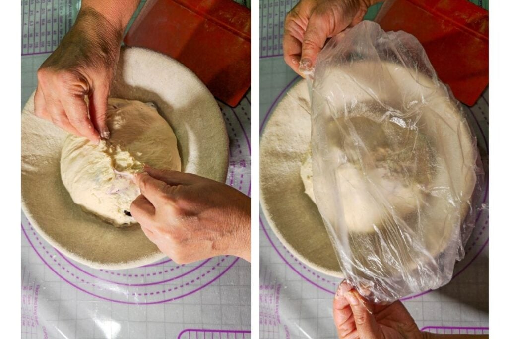 Two-step process shot showing the shaped dough tucked seam-side up into a floured banneton, then covered with a plastic bag to proof.