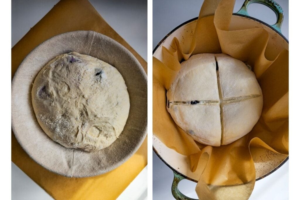 Two-step process shot showing the proofed dough in its banneton, then turned out and scored with a cross before baking.