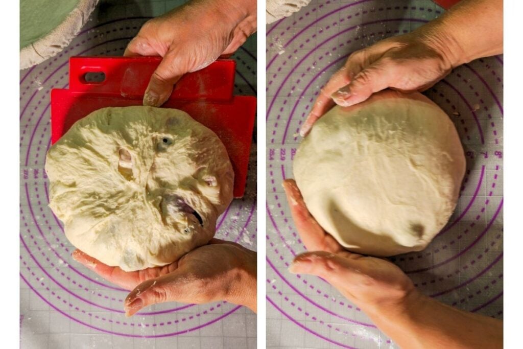 Two-step process shot showing the dough being cupped and turned by hand into a tight, round boule.