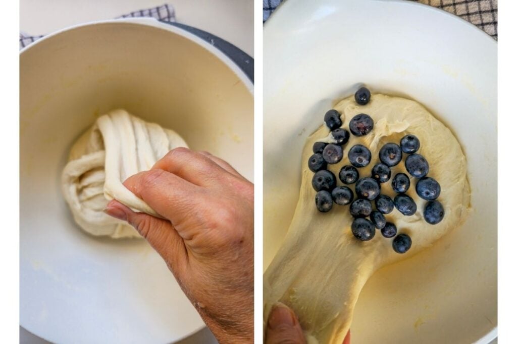 Two-step process shot showing a stretch and fold in progress, then fresh blueberries pressed onto the dough before being folded in.