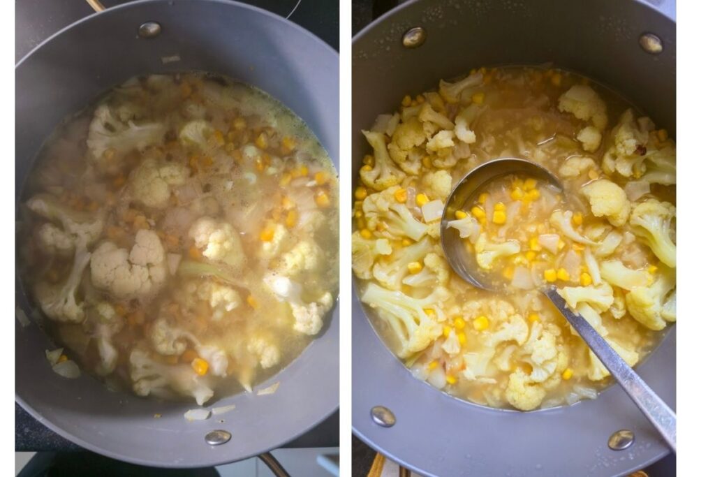 Cauliflower and corn chowder simmering in stock until the cauliflower is tender.