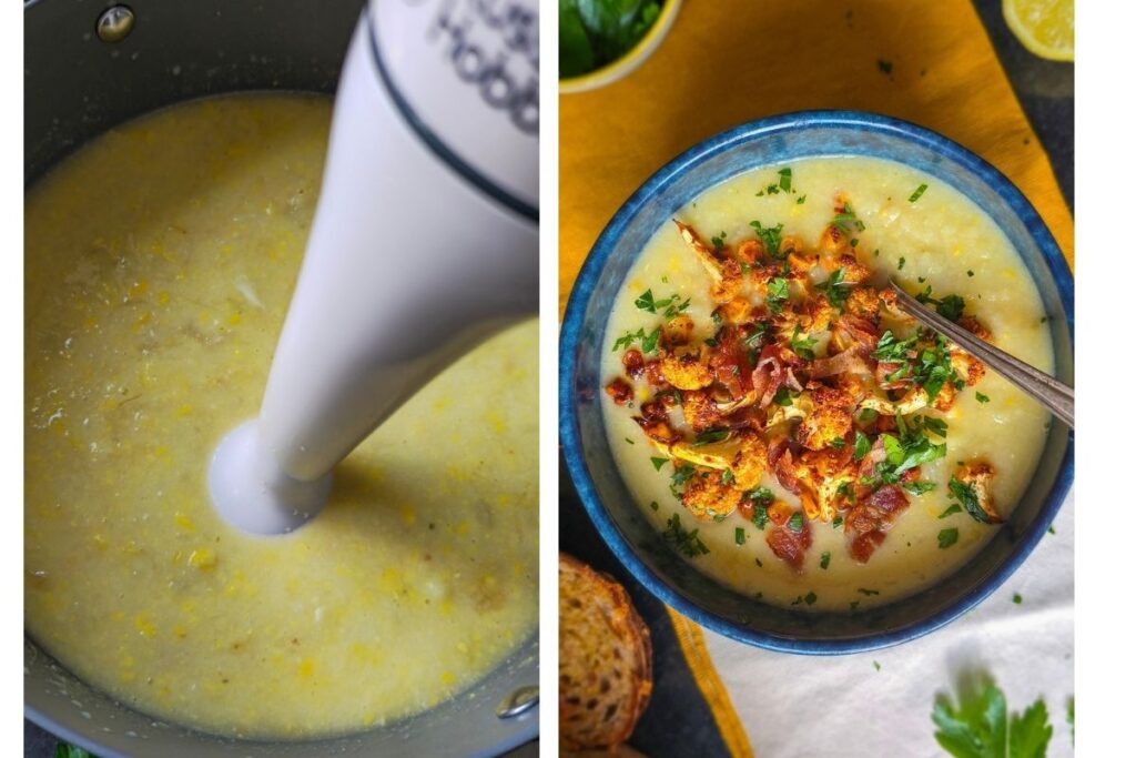 Blending cauliflower and corn chowder until smooth, finished with roasted toppings in a bowl.