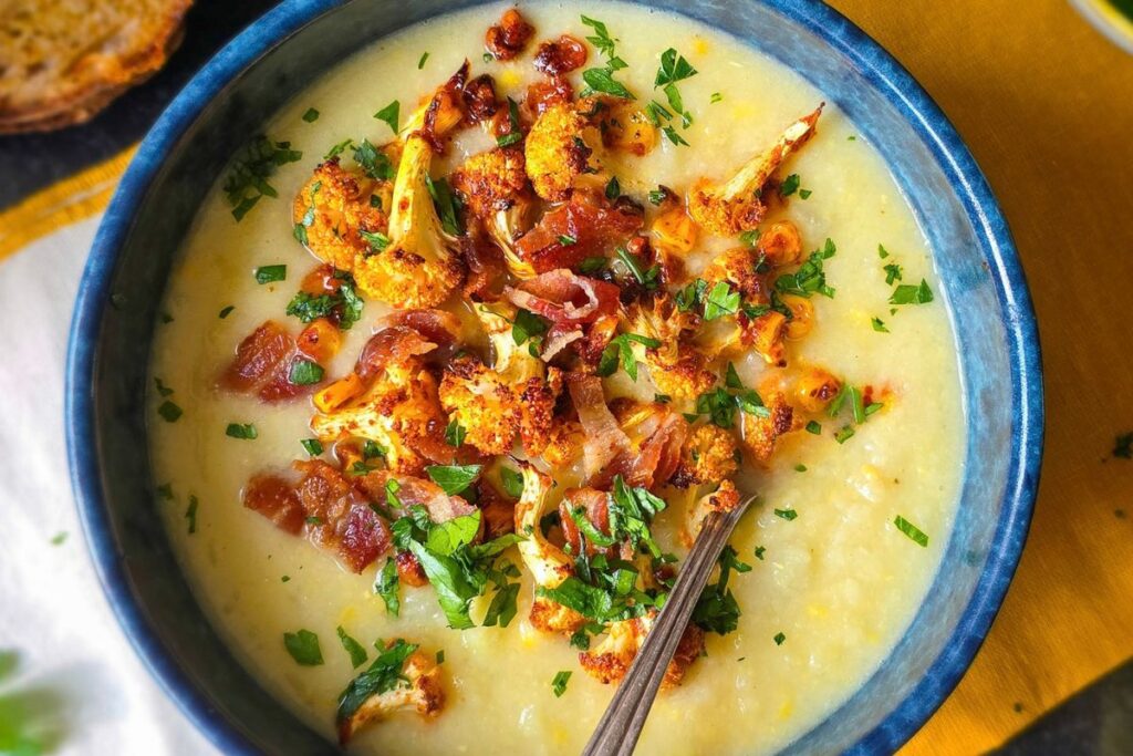 Close-up of cauliflower and corn chowder in a blue bowl with a spoon, topped with roasted cauliflower, corn, and bacon.