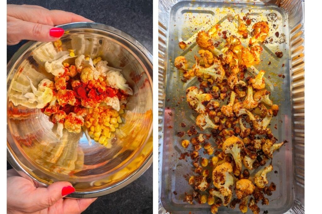 Cauliflower and corn tossed with smoked paprika, then roasted until caramelized, for the cauliflower and corn chowder topping.