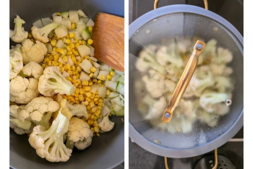 Cauliflower, corn, and onion in a pot, then covered to sweat and release liquid, for cauliflower and corn chowder.