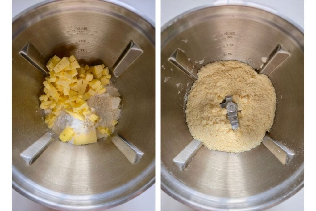 Cubed butter on spelt flour and sugar in a food processor bowl, and the mixture pulsed into crumbs