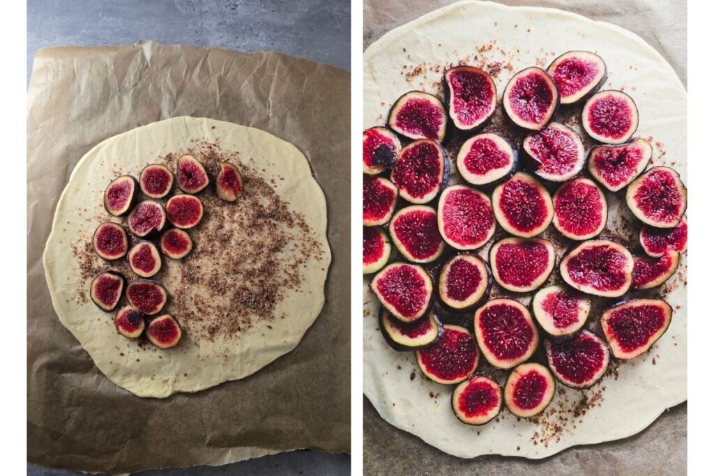 Pastry dough on parchment with milled flaxseed and sliced figs being layered on, and the dough fully covered in figs
