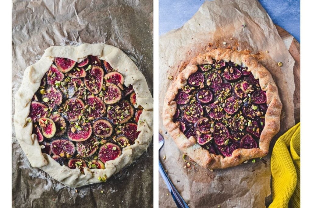 Fig galette with folded pastry edge and chopped pistachios before baking, and golden brown after baking