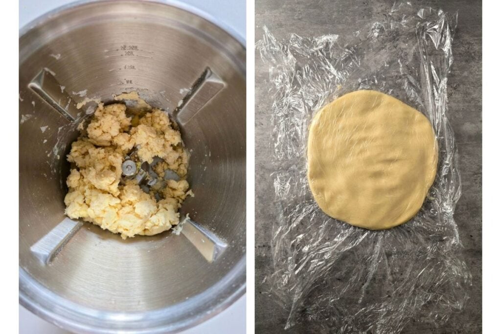 Spelt pastry dough clumping together in a food processor bowl, and the dough pressed into a disc on cling film