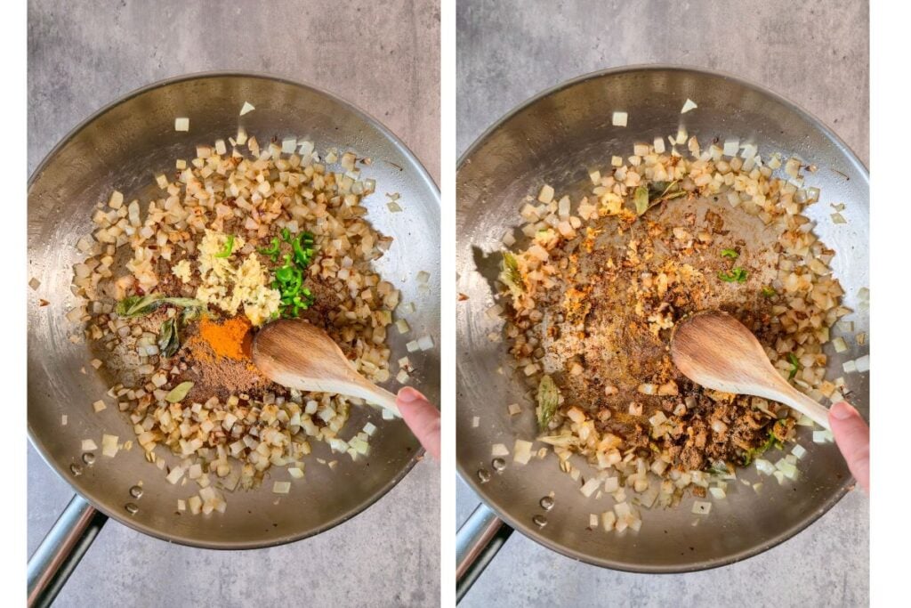 Softened diced onion in a pan topped with garlic, ginger, green chili, curry leaves, turmeric and ground spices, then stirred together until the spices sizzle.