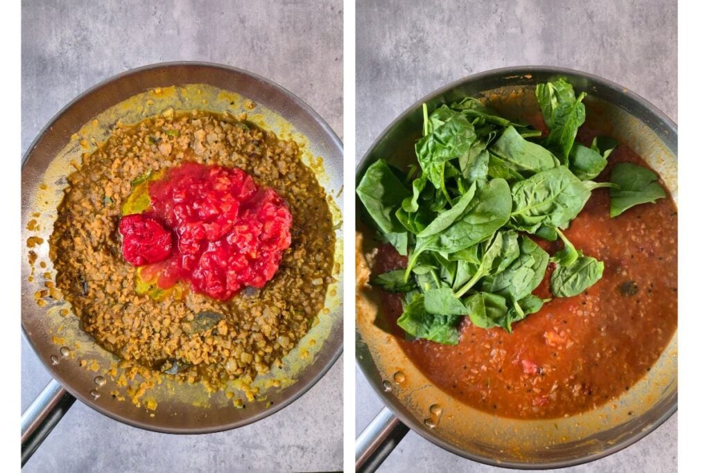 Tomato paste and chopped tomatoes added to cooked red lentils, then a pile of fresh spinach on top of the tomato and lentil sauce.