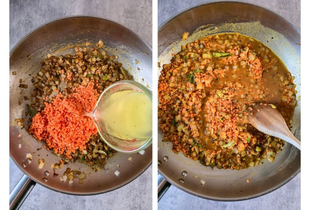 Red lentils and vegetable stock poured over spiced onions in a pan, then stirred together and starting to simmer.