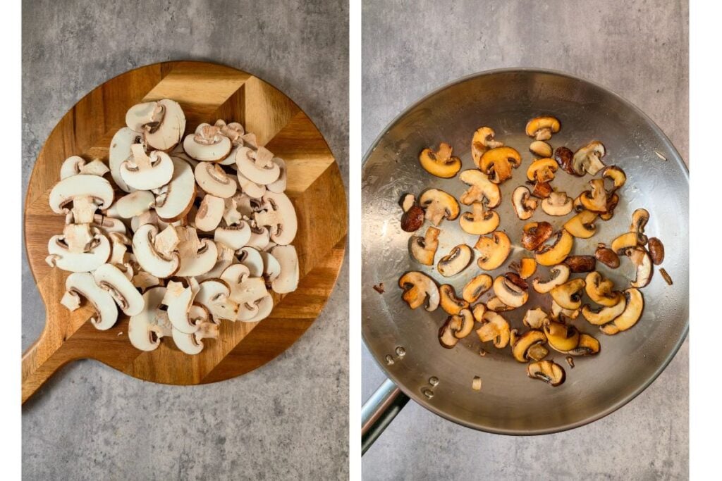 Sliced chestnut mushrooms on a wooden board, then turning golden brown in a stainless steel pan.