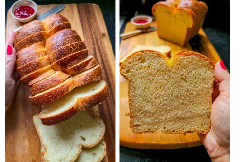 Sliced sourdough brioche loaf on a board, and a single slice held up to show the soft, even crumb