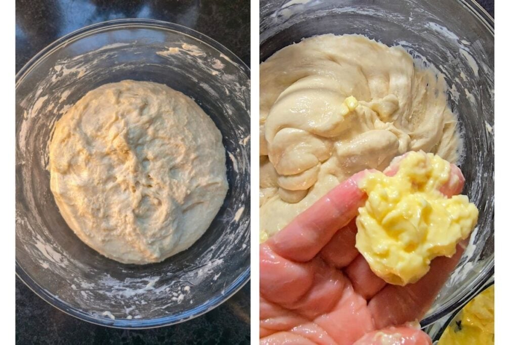 Sourdough brioche dough in a glass bowl before the butter goes in, next to a handful of soft butter being added to the dough