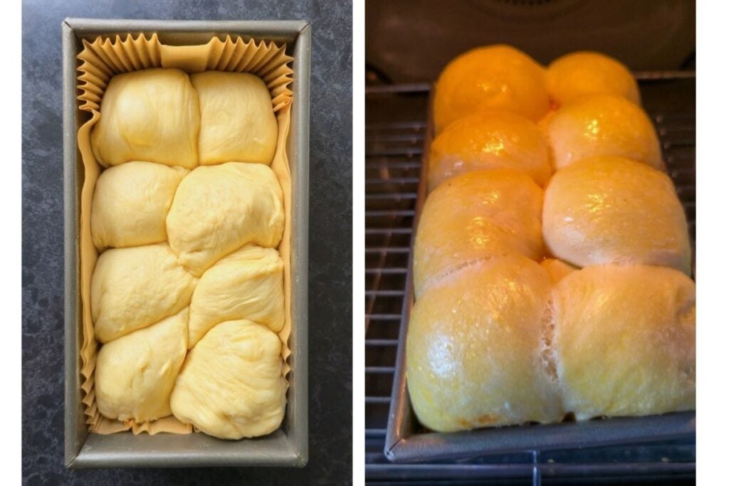 Eight sourdough brioche dough balls in a paper-lined loaf tin, then risen and egg-washed in the oven ready to bake