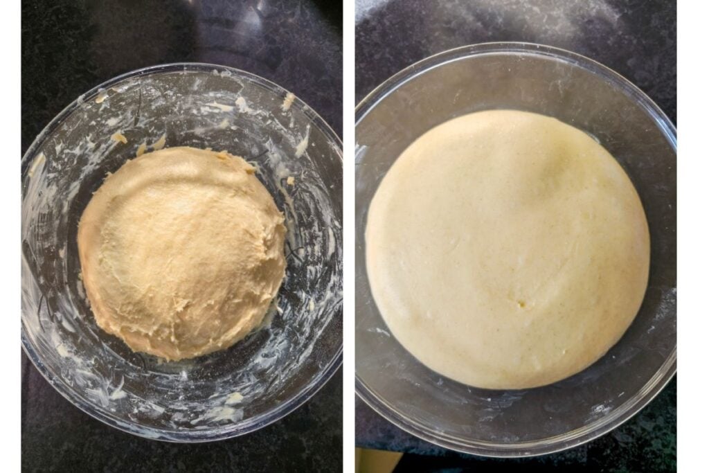 Sourdough brioche dough in a glass bowl before the bulk ferment, and the same dough doubled and domed after fermenting