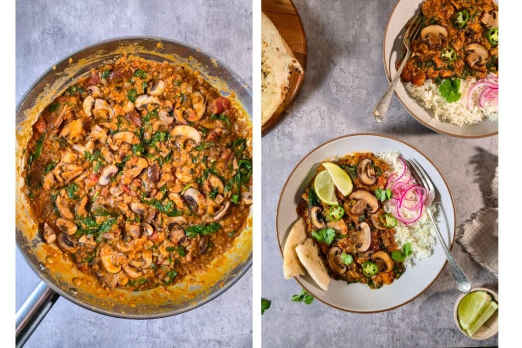 Finished spinach and mushroom curry in the pan, then served in a bowl with basmati rice, pickled red onions, lime, green chili and naan.