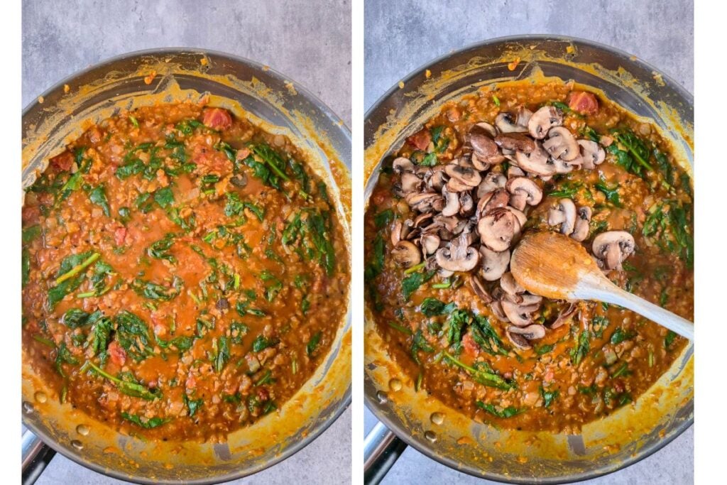 Spinach wilted into a thick red lentil and tomato curry, then browned mushrooms stirred back in with a wooden spoon.